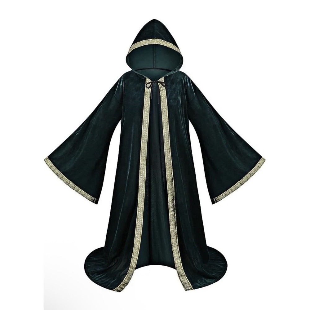 Velvet Wizard Medieval Robe with Hood and Large Sleeves, Halloween Fantasy